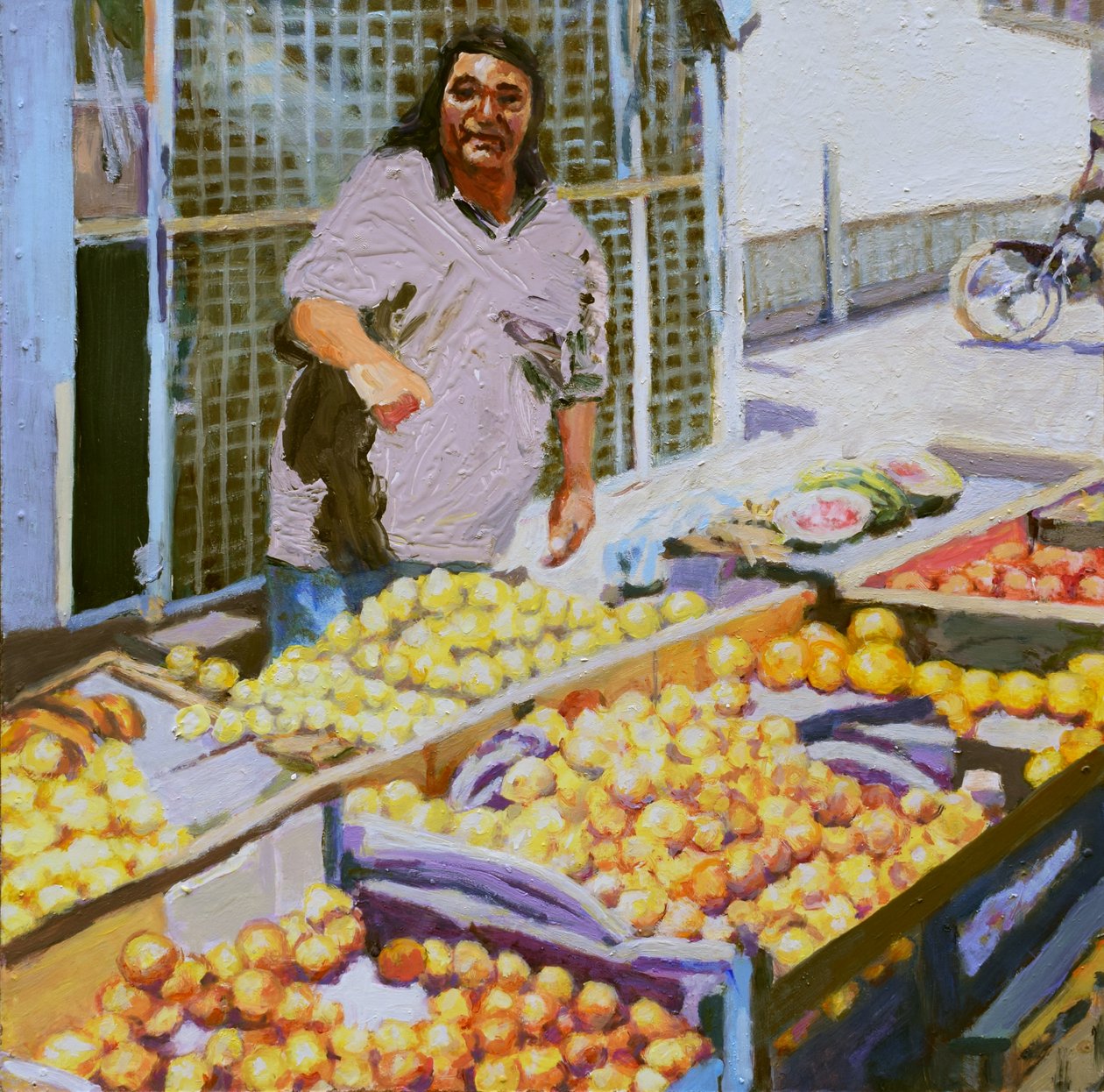 Vendedora de fruta (San Juan, Argentina), 2016 (óleo sobre tabla). de Trevor Burgess