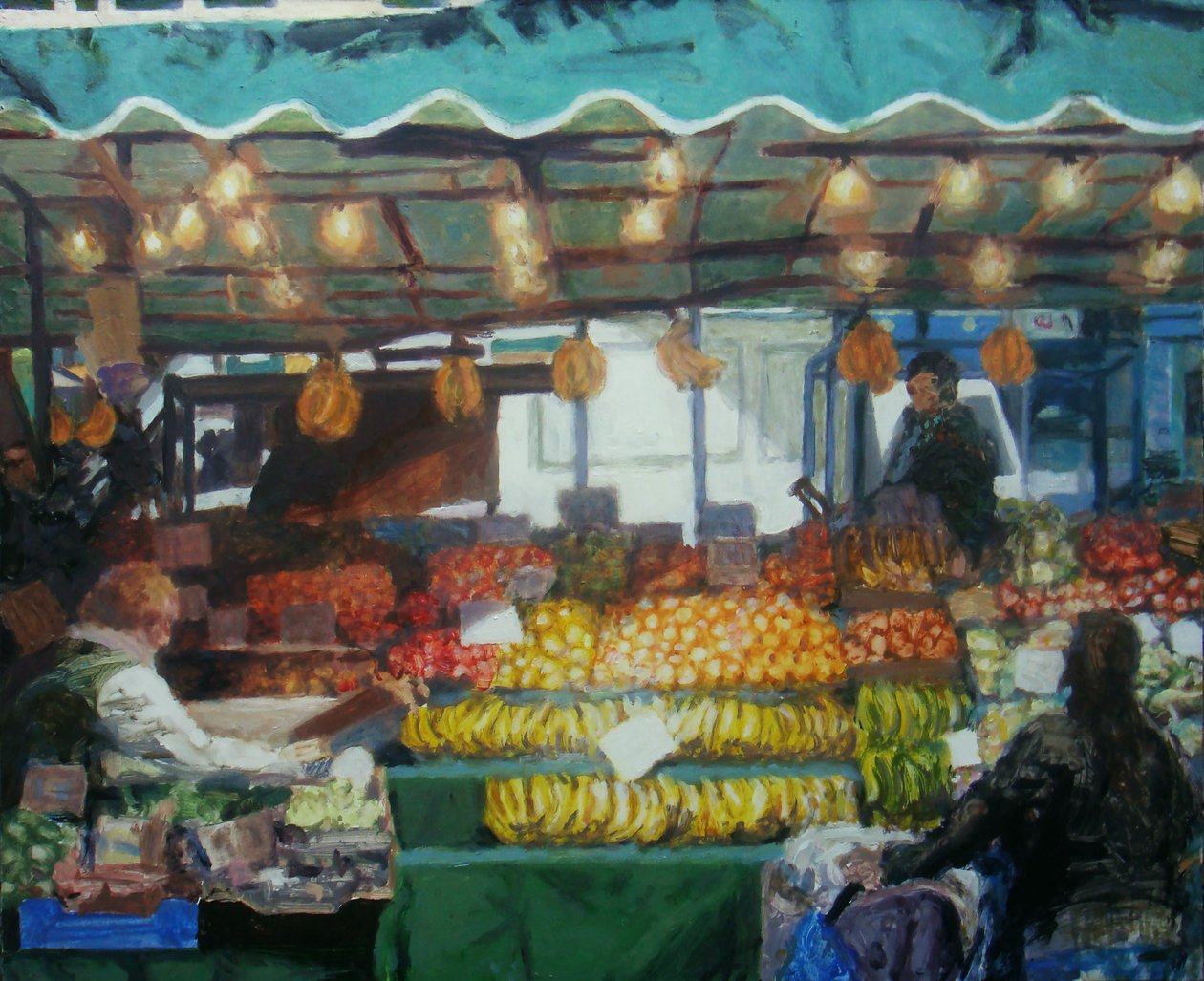 Gran puesto de mercado (Lewisham, Londres), 2011 (óleo sobre tabla). de Trevor Burgess