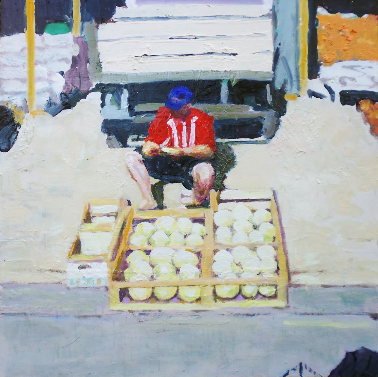 Hombre vendiendo melones (San Juan, Argentina), 2014 (óleo sobre tabla) de Trevor Burgess