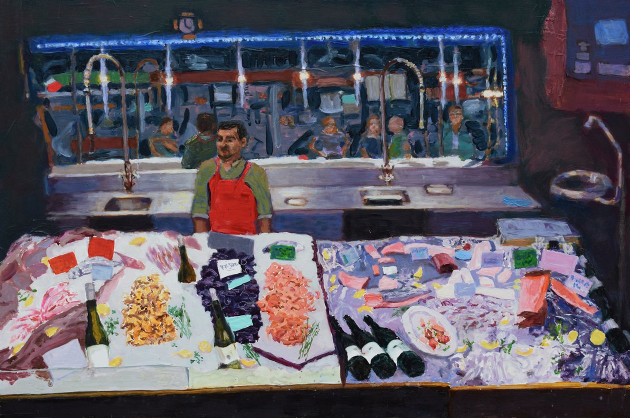 Mostrador de marisco (París), 2016 (óleo sobre tabla) de Trevor Burgess