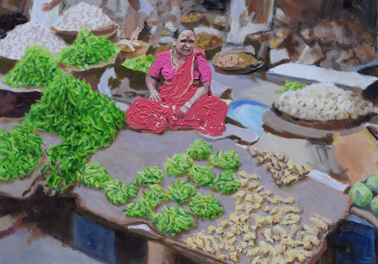 Vendiendo guindillas y jengibre (Thane, Bombay), 2016 (óleo sobre lienzo). de Trevor Burgess