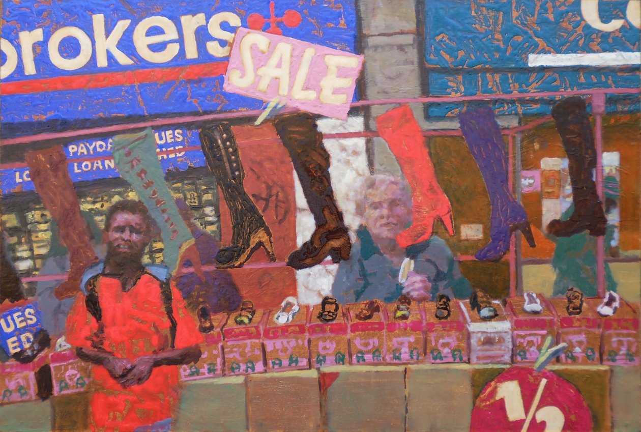 Puesto de zapatos (Deptford, Londres), 2013 (óleo sobre tabla). de Trevor Burgess