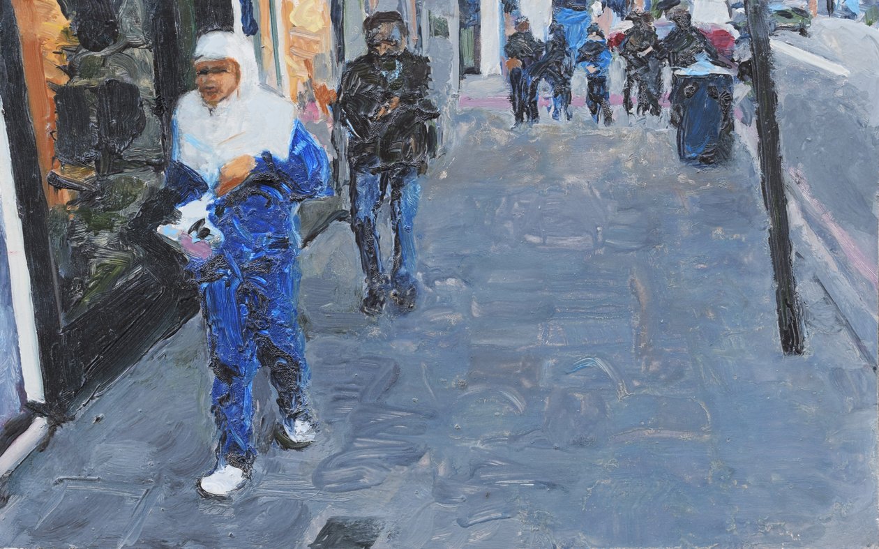 Escena callejera (Deptford, Londres), 2018 (óleo sobre tabla) de Trevor Burgess