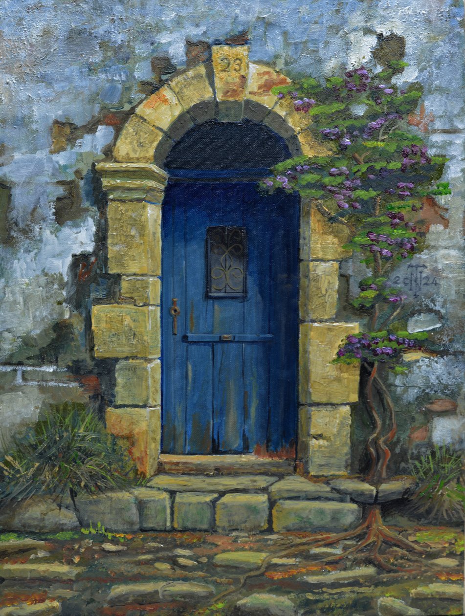 Puerta Azul, Paxos, Grecia, 2024 (óleo sobre tabla) de Trevor Neal