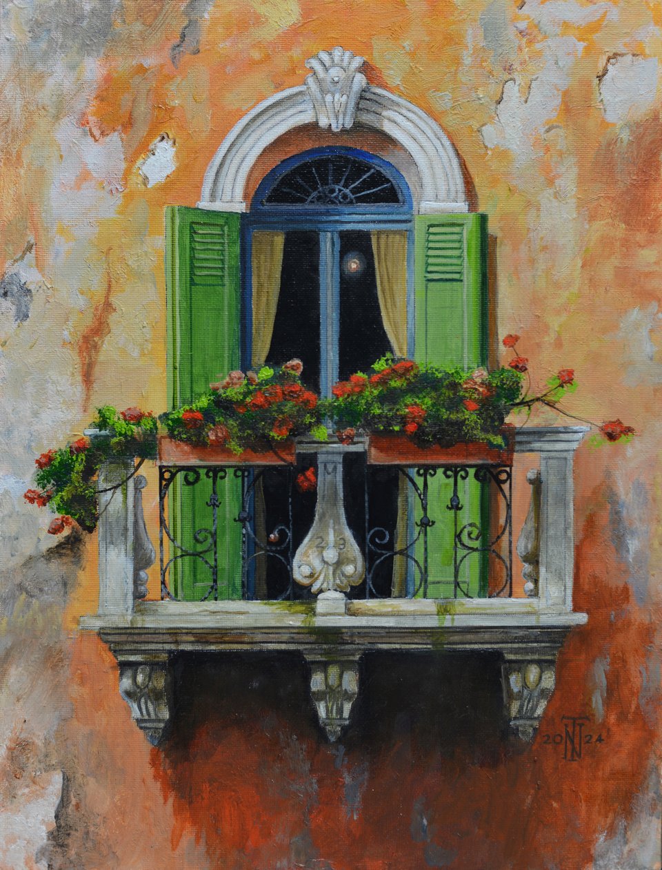 Balcón francés, Aix- en- Provence, Francia, 2024 (óleo sobre tabla) de Trevor Neal