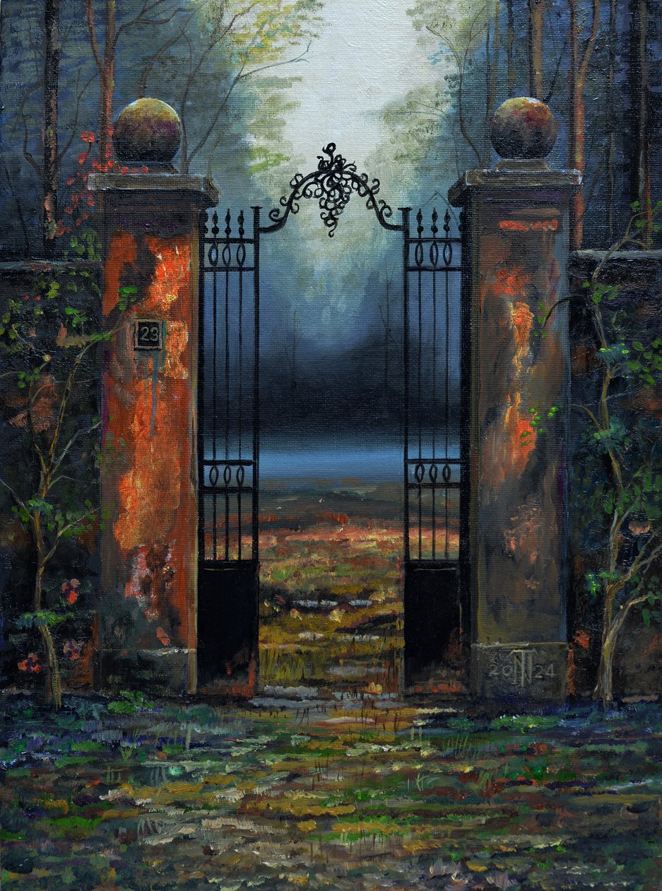 Gates to Chateau, Francia, 2024 (óleo sobre tabla) de Trevor Neal