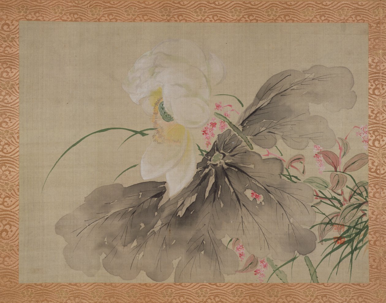 Árbol de peonía y manzano japonés con flores, 1851 de Tsubaki Chinzan