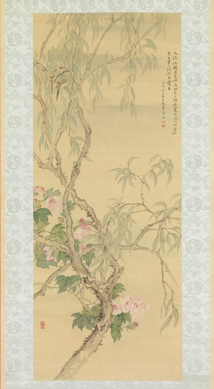 Pequeños Pájaros en una Rama de Sauce y Flores de Hibisco, fechado Otoño de 1850 de Tsubaki Chinzan