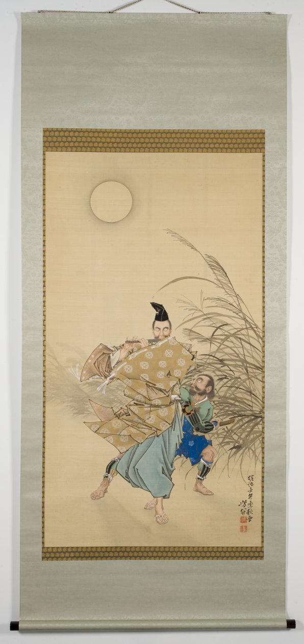Fujiwara no Yasumasa tocando la flauta a la luz de la luna, finales de otoño, 1882 (tinta, color, laca, plata y oro sobre seda) de Tsukioka Yoshitoshi