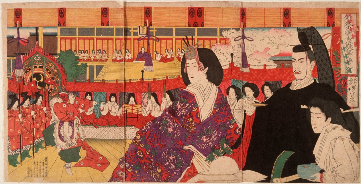 Una representación de bugaku en el Palacio Imperial durante la Fiesta de las Muñecas de Tsukioka Yoshitoshi