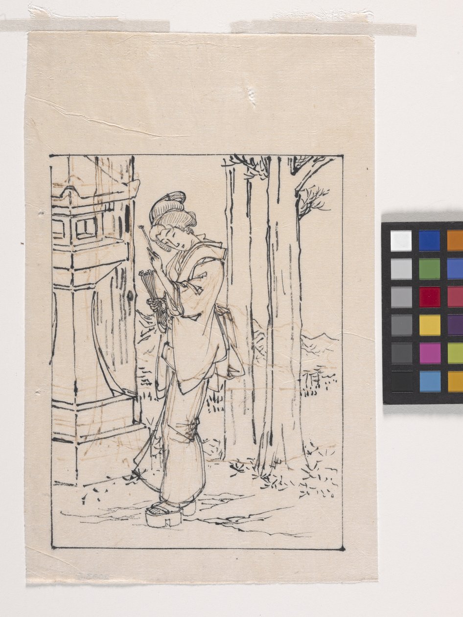 Dibujo de una joven junto a un farol de piedra (tinta sobre papel) de Tsukioka Yoshitoshi