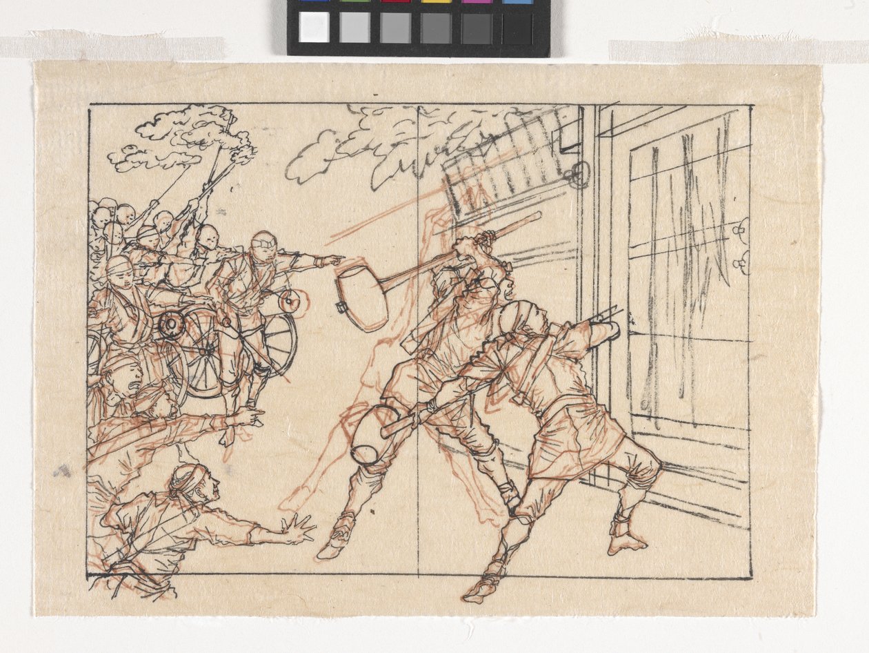Dibujo de soldados aporreando una puerta (tinta sobre papel) de Tsukioka Yoshitoshi