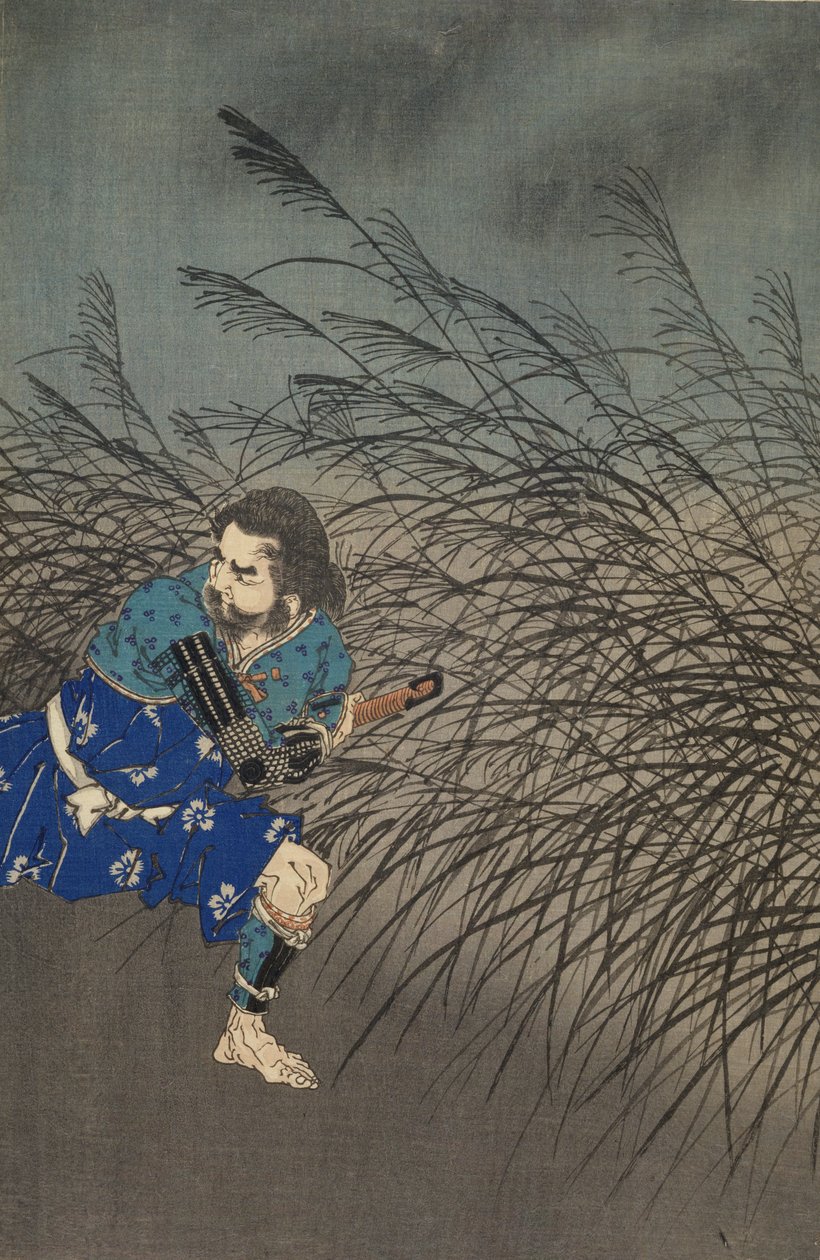 Fujiwara no Yasumasa tocando la flauta a la luz de la luna de Tsukioka Yoshitoshi