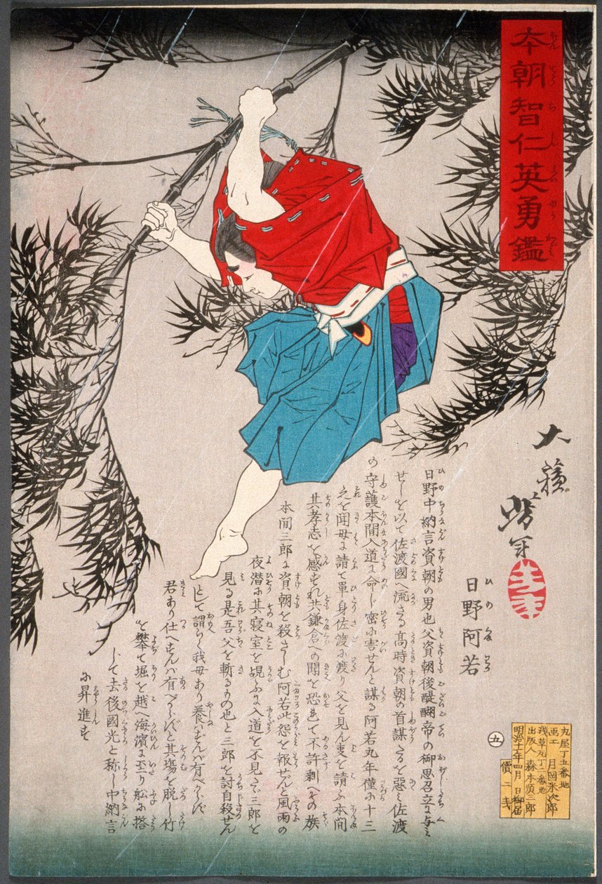 Hino Kumawaka saltando desde el bambú de Tsukioka Yoshitoshi
