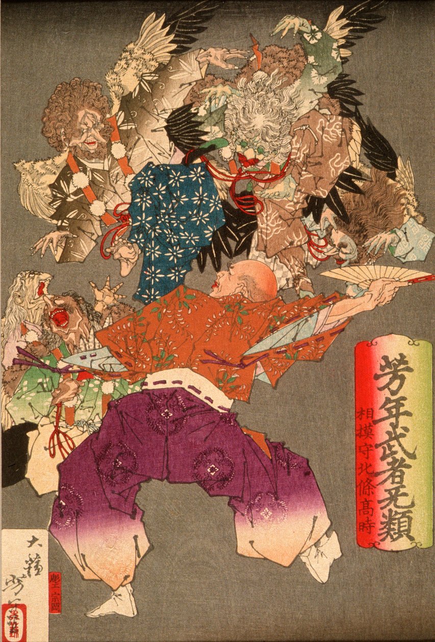 Hōjō Takatoki, señor de Sagami, ahuyentando a los tengu con su abanico de Tsukioka Yoshitoshi