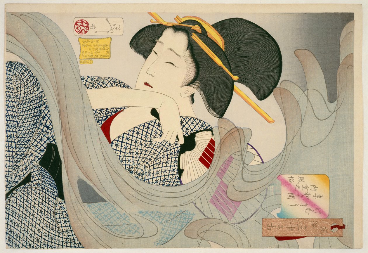Mirando ahumado. Una ama de casa de la era Kyowa, 1880 de Tsukioka Yoshitoshi