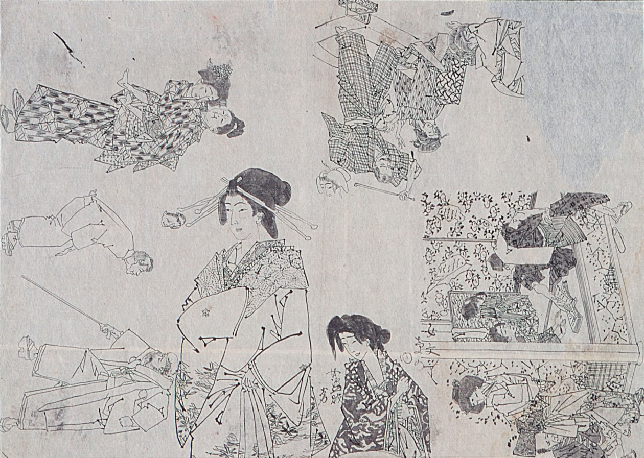 Dibujos preparatorios para ilustraciones de melodramas de Tsukioka Yoshitoshi