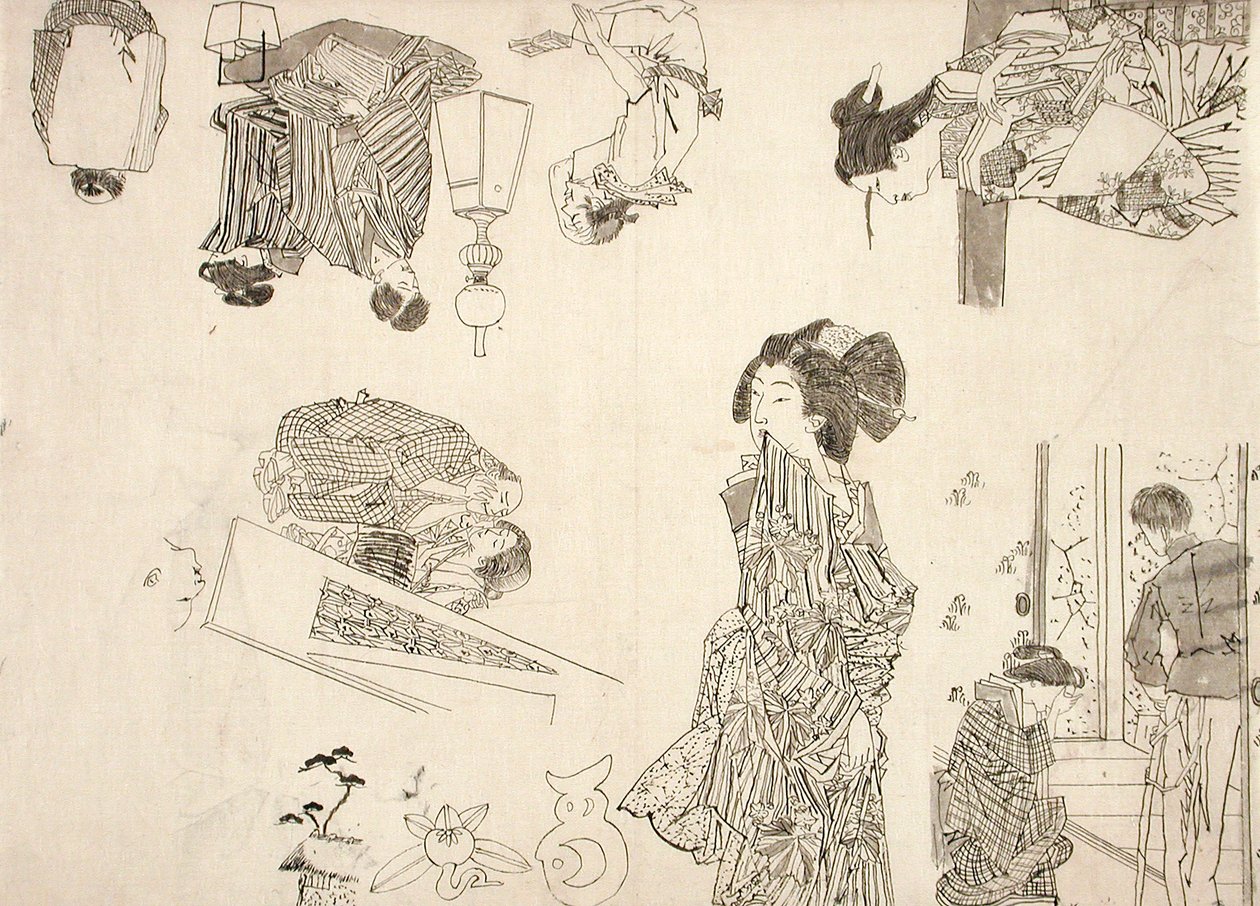 Dibujos preparatorios para ilustraciones de melodramas de Tsukioka Yoshitoshi
