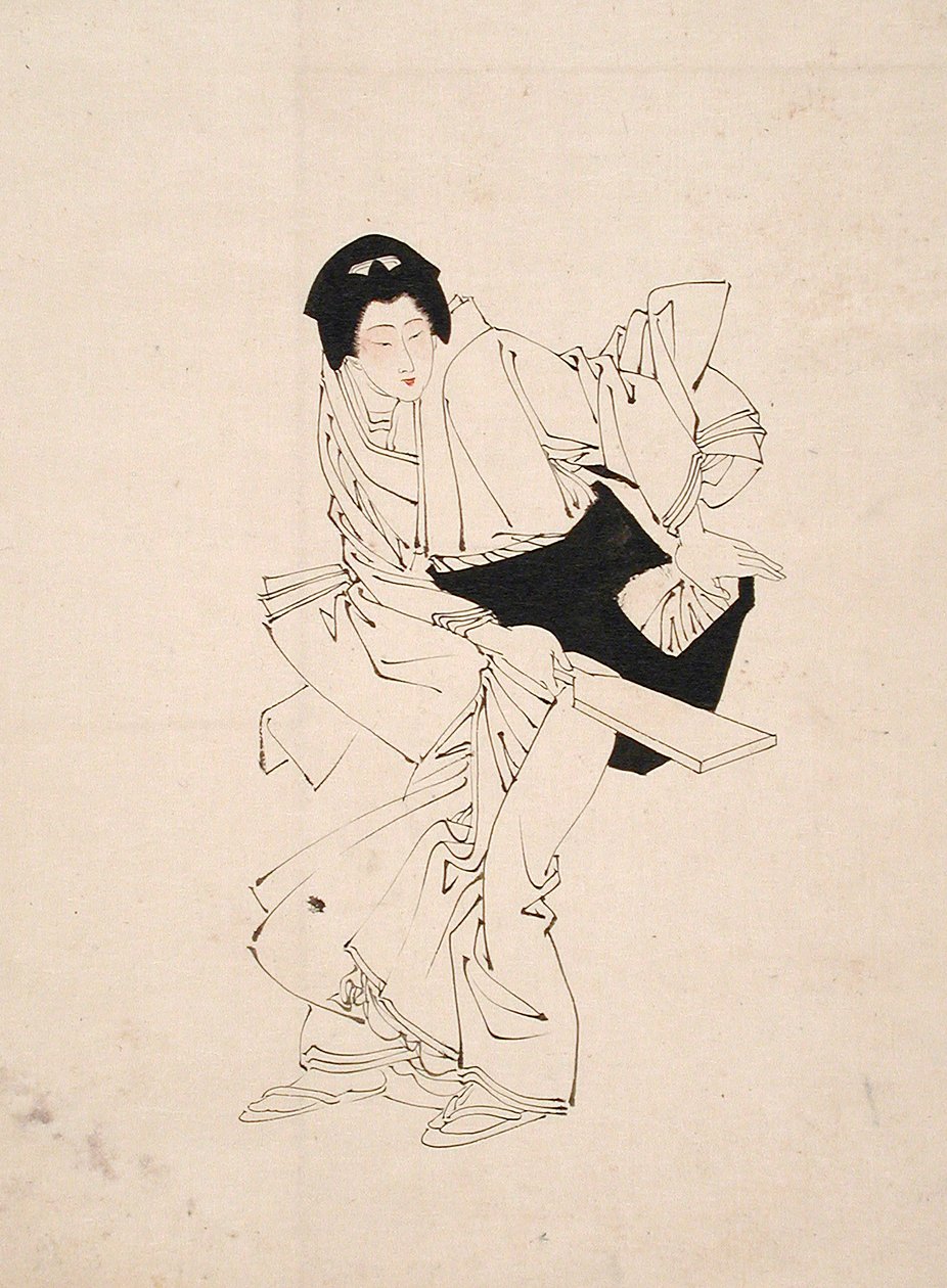 Boceto de una mujer con una raqueta de volante de Tsukioka Yoshitoshi