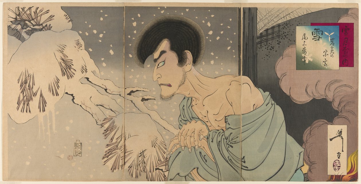 El actor Onoe Kikugoro V como el sacerdote Sogen (Yuki: Iwakura Sogen Onoe Baiko), de la serie "Nieve, luna y flores (Setsugekka no uchi)" de Tsukioka Yoshitoshi