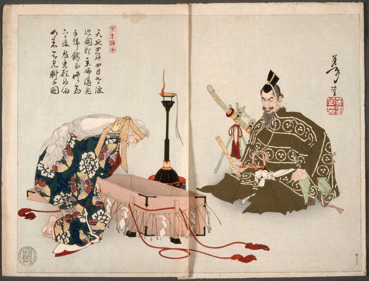 El demonio de Rashōmon visita a Watanabe no Tsuna disfrazado de anciana para recuperar su brazo cercenado de Tsukioka Yoshitoshi