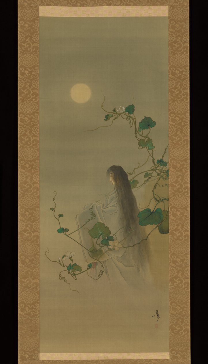 El espíritu de la difunta Yūgao entrelazado en enredaderas de flores de luna, basado en la estampa «La dama de los rostros del atardecer», de la serie Cien aspectos de la luna (Tsuki hyakushi: Genji Yūgao no maki) de Tsukioka Yoshitoshi