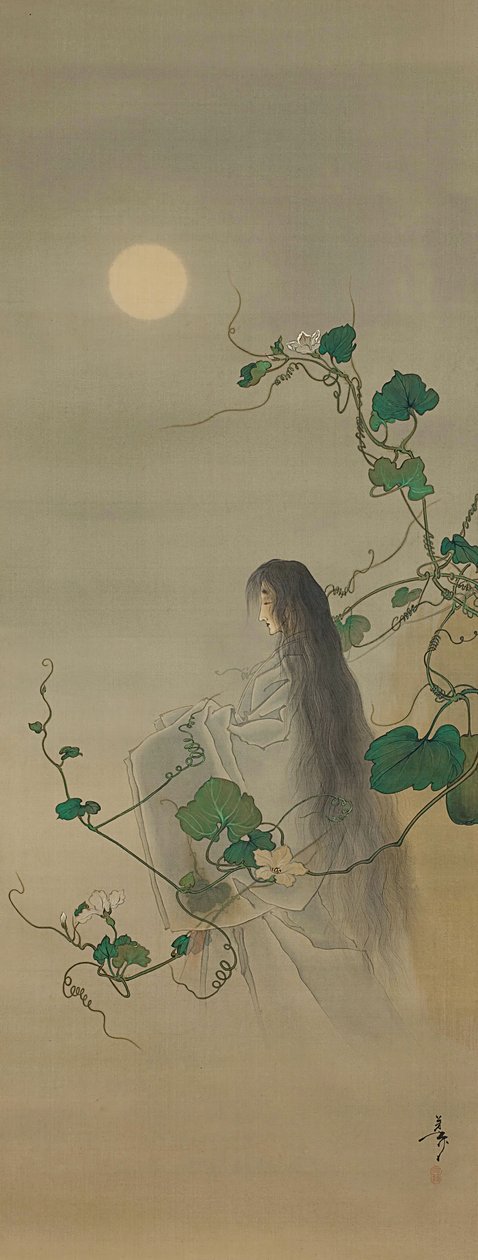 El espíritu del difunto Yugao entrelazado en enredaderas de flor de luna, ca. 1892 de Tsukioka Yoshitoshi