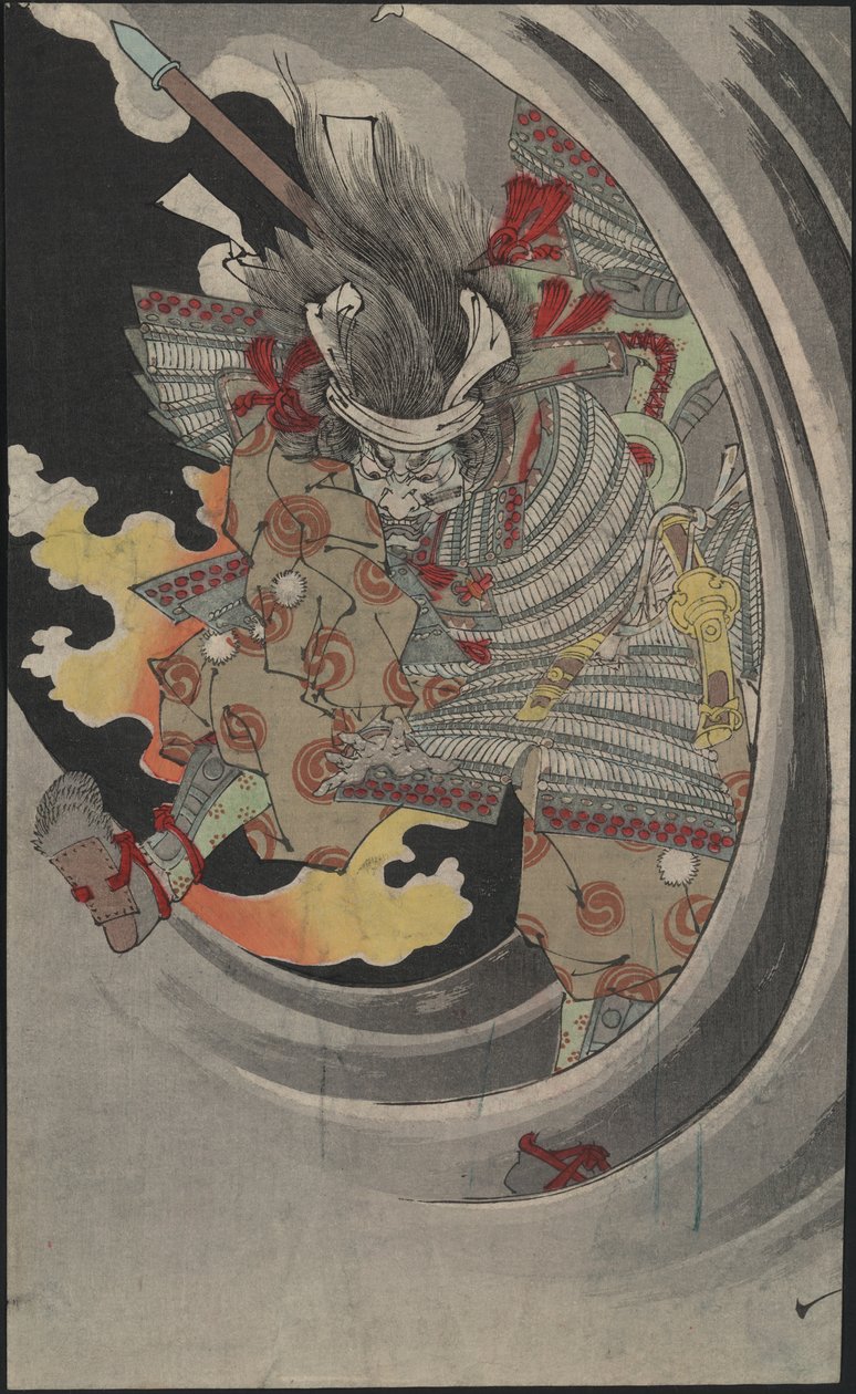 El fantasma del general Taira no Tomomori atravesando las olas en la cascada Nunobiki, 1889 de Tsukioka Yoshitoshi
