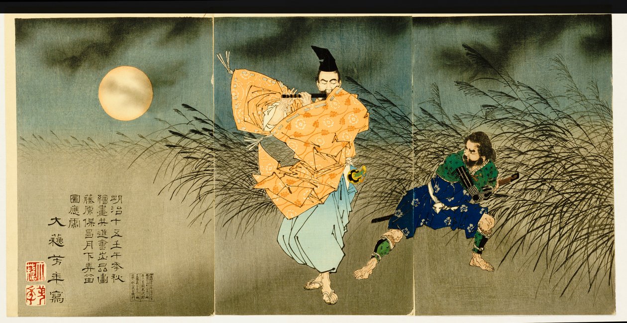 Tríptico de "Fujiwara No Yasumasa tocando la flauta a la luz de la luna" de Tsukioka Yoshitoshi