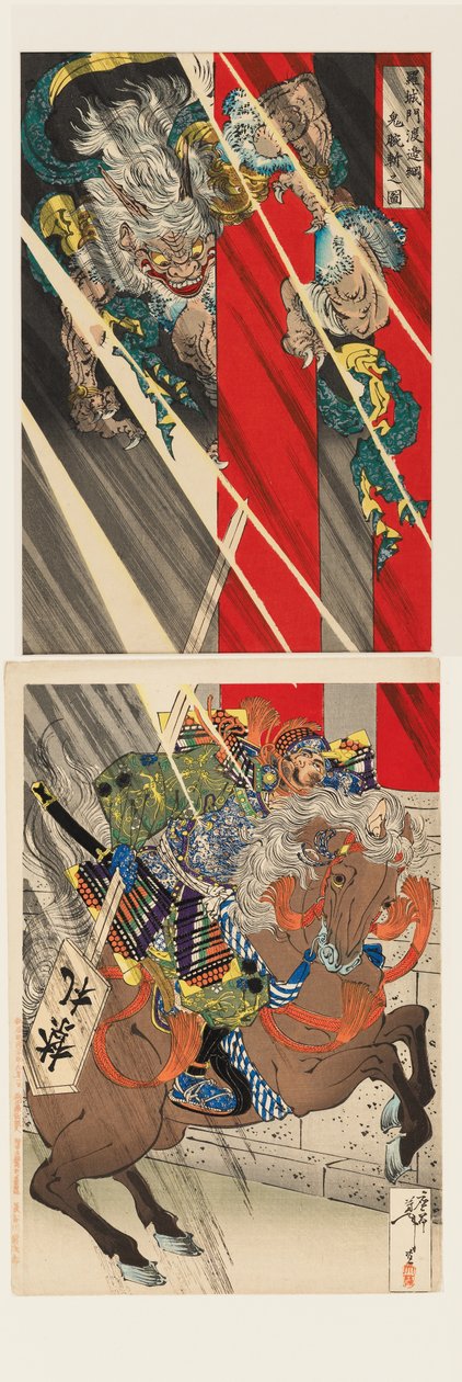 Watanabe no Tsuna cortando el brazo del demonio en la Puerta de Rashōmon de Tsukioka Yoshitoshi