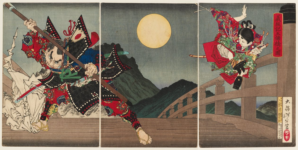 Yoshitsune y Benkei en el puente de Gojō de Tsukioka Yoshitoshi