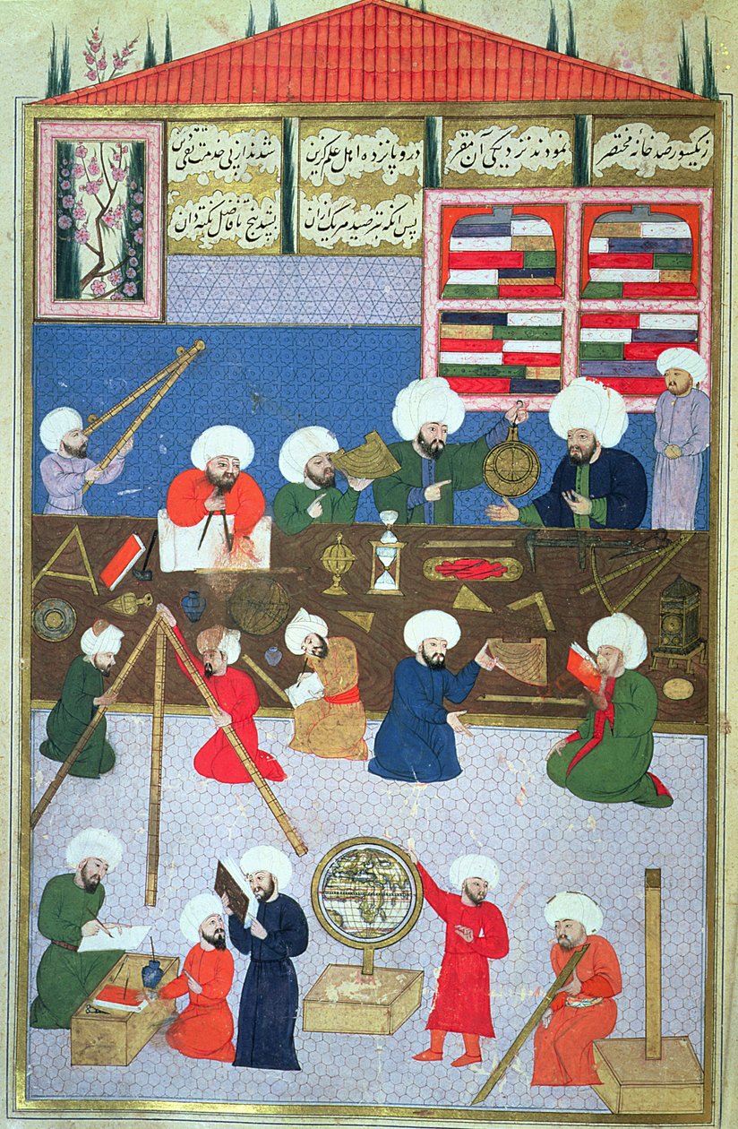 Takyuddin y otros astrónomos en el observatorio de Galata fundado en 1557 por el sultán Suleyman, del Sehinsahname de Murad III, c.1581 de Turkish School