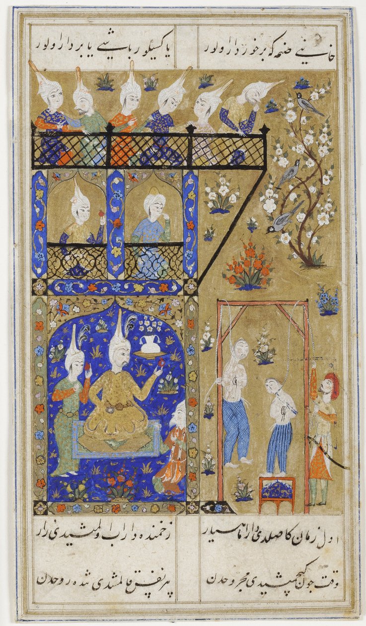 Alejandro supervisa la ejecución de traidores, c.1575 (acuarela opaca y oro sobre papel) de Turkish School