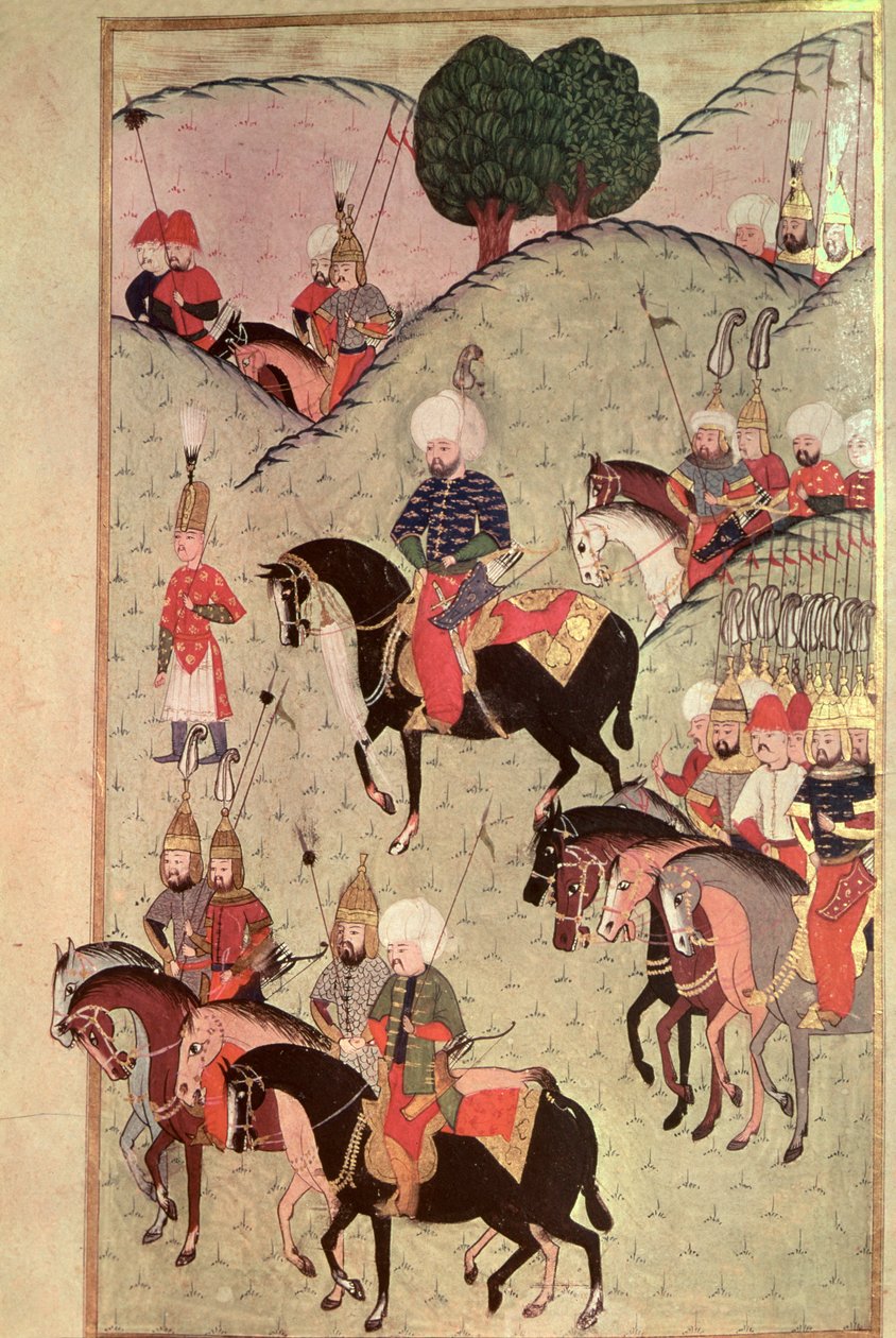 Sultán Selim II (1524-74) cabalgando entre Kotahia y Belgrado para reunirse con el Ejército Imperial, 1584-89 de Turkish School