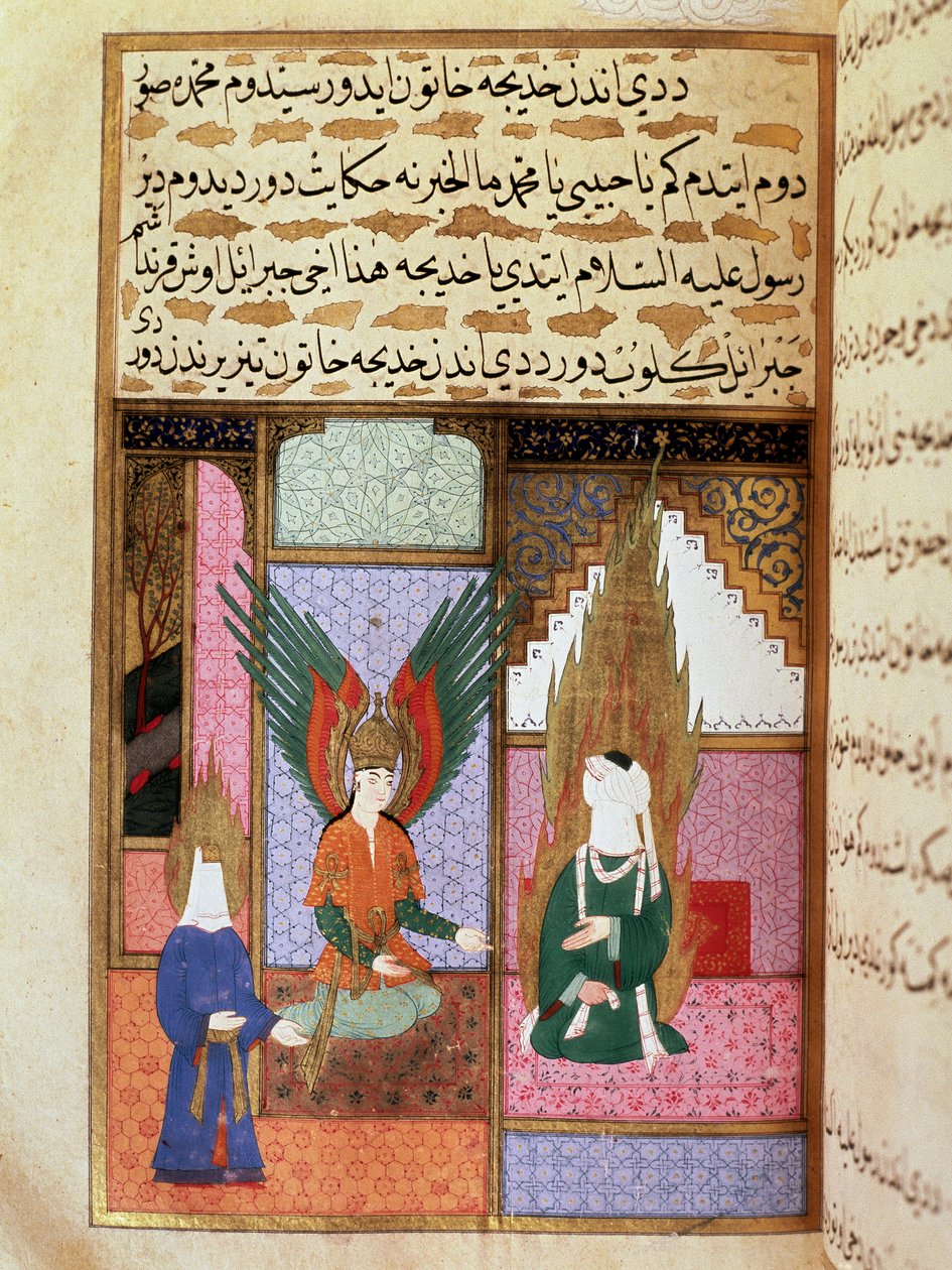El Ángel de la Muerte pide permiso al Profeta Mahoma (Muhammad) (570-632) (rostro cubierto) para llevarse a su esposa Khadija. Miniatura de un manuscrito del siglo XVIII. Museo Topkapi, Estambul de Turkish School