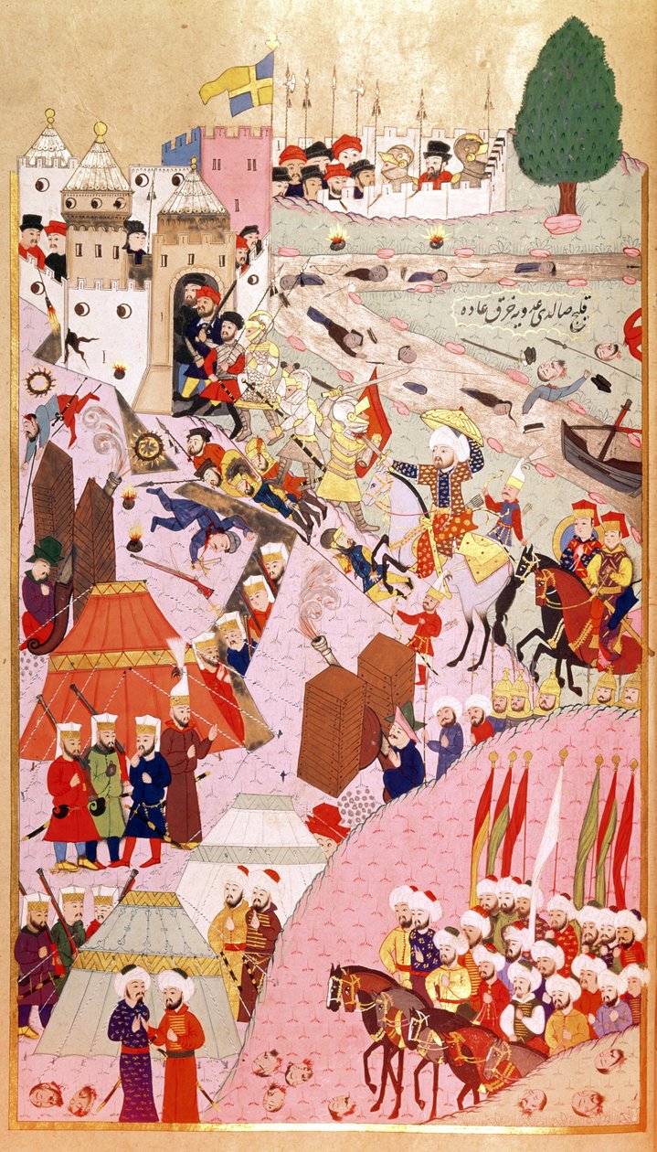 El asalto a Belgrado del sultán Mehmet II "El Conquistador" (1432-1481), de "Hunernama" (Mss Hazine. 1524) de Turkish School