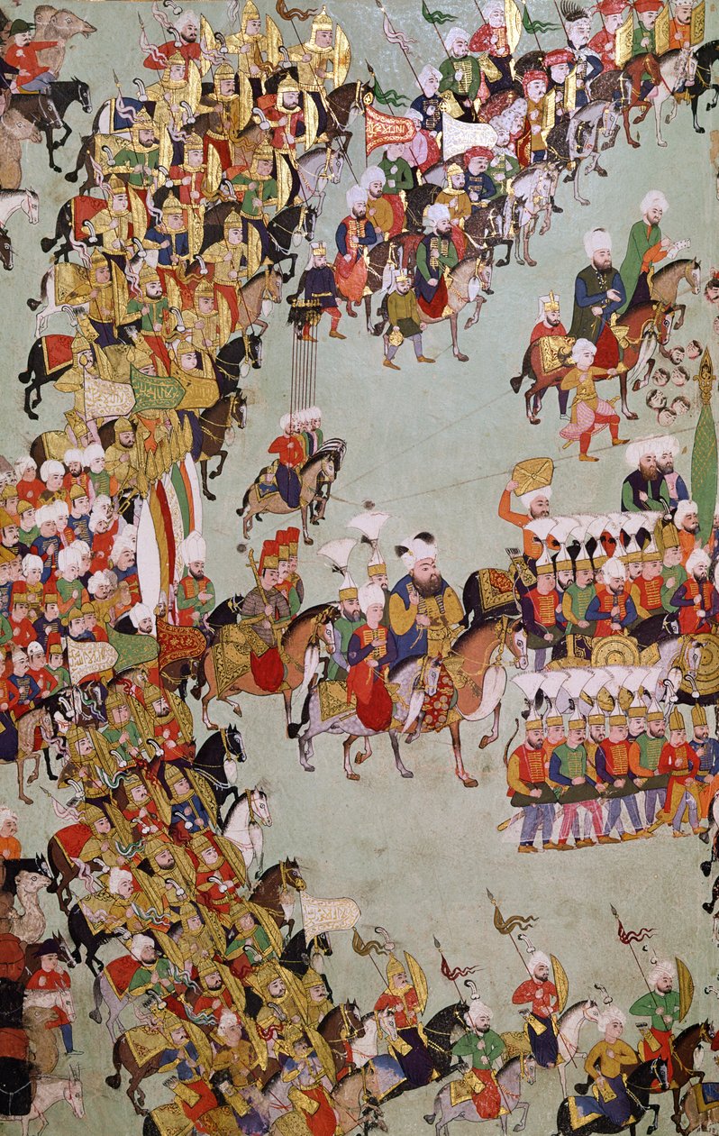 La conquista de Eger, del Egri Fetihnamesi (tinta, acuarela y pan de oro sobre vitela) de Turkish School