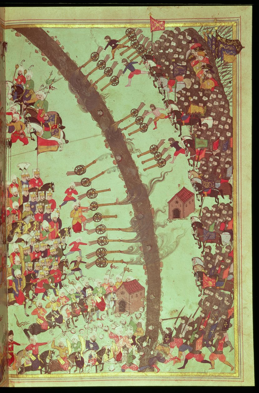 La conquista de Egri, del Egri Fetihnamesi (tinta, acuarela y pan de oro sobre papel) de Turkish School