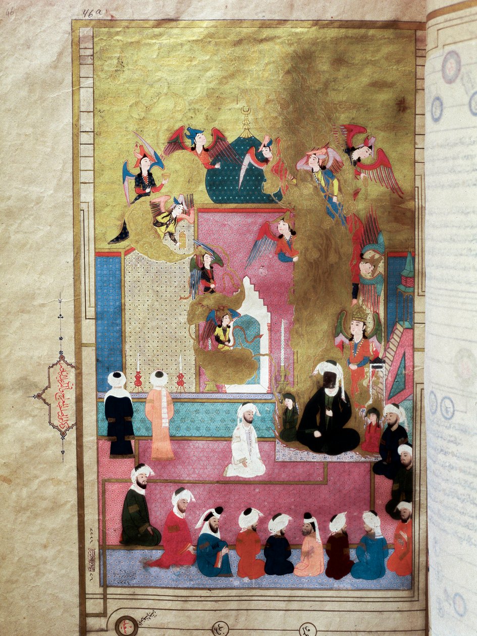 El Profeta Mahoma (Muhammad) (570-632) (rostro cubierto) durante el Mirac, su ascenso al séptimo cielo. Miniatura del manuscrito “Zubdat al-Tawarikh” por el historiador Seyyid Loqman Ashuri bajo el reinado de Murad III de Turkish School