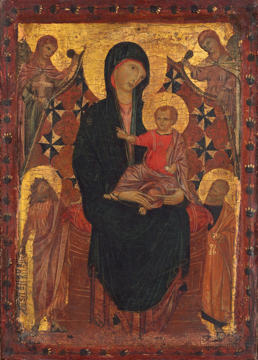 Madonna y Niño con San Juan Bautista, San Pedro y dos ángeles de Tuscan 13th Century