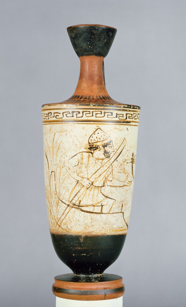 Lekythos de fondo blanco áticas decorada con Caronte, el barquero del inframundo recibiendo el alma de una persona muerta, de Atenas, c.475-425 a.C. de Tymbos Painter