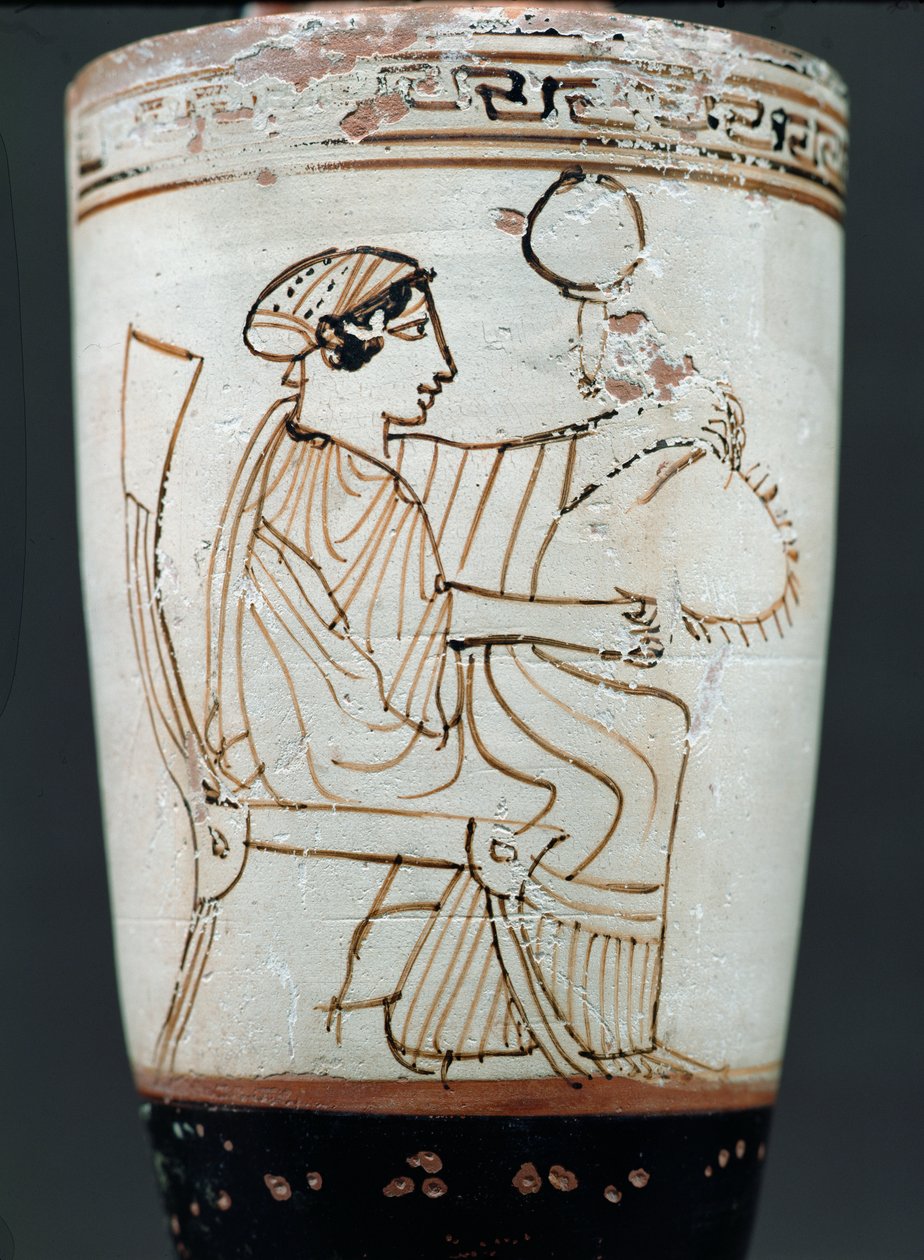 Lekythos ático de fondo blanco que representa a una mujer trenzando una corona, c.475-420 a.C. (cerámica) de Tymbos Painter