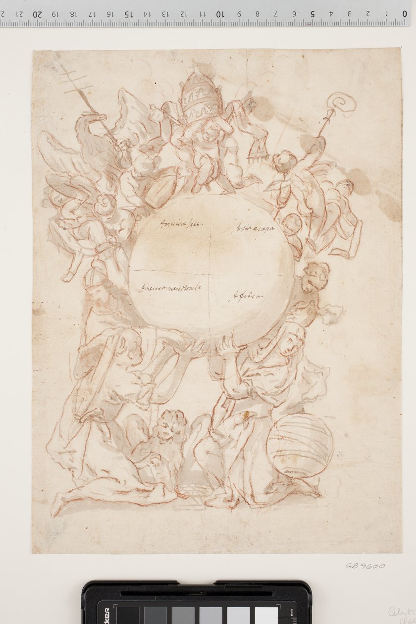 Diversas figuras, incluyendo el león de San Marcos, un dogo y una mujer, junto a la cual se ve un globo terráqueo, sosteniendo un gran globo dividido en cuatro campos, identificados por inscripciones como "America Sett.", "America meridionale", "Asiaeropa" de Ubekendt