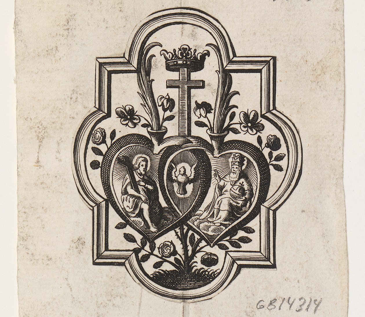 Emblema con dos corazones y la Trinidad de Ubekendt