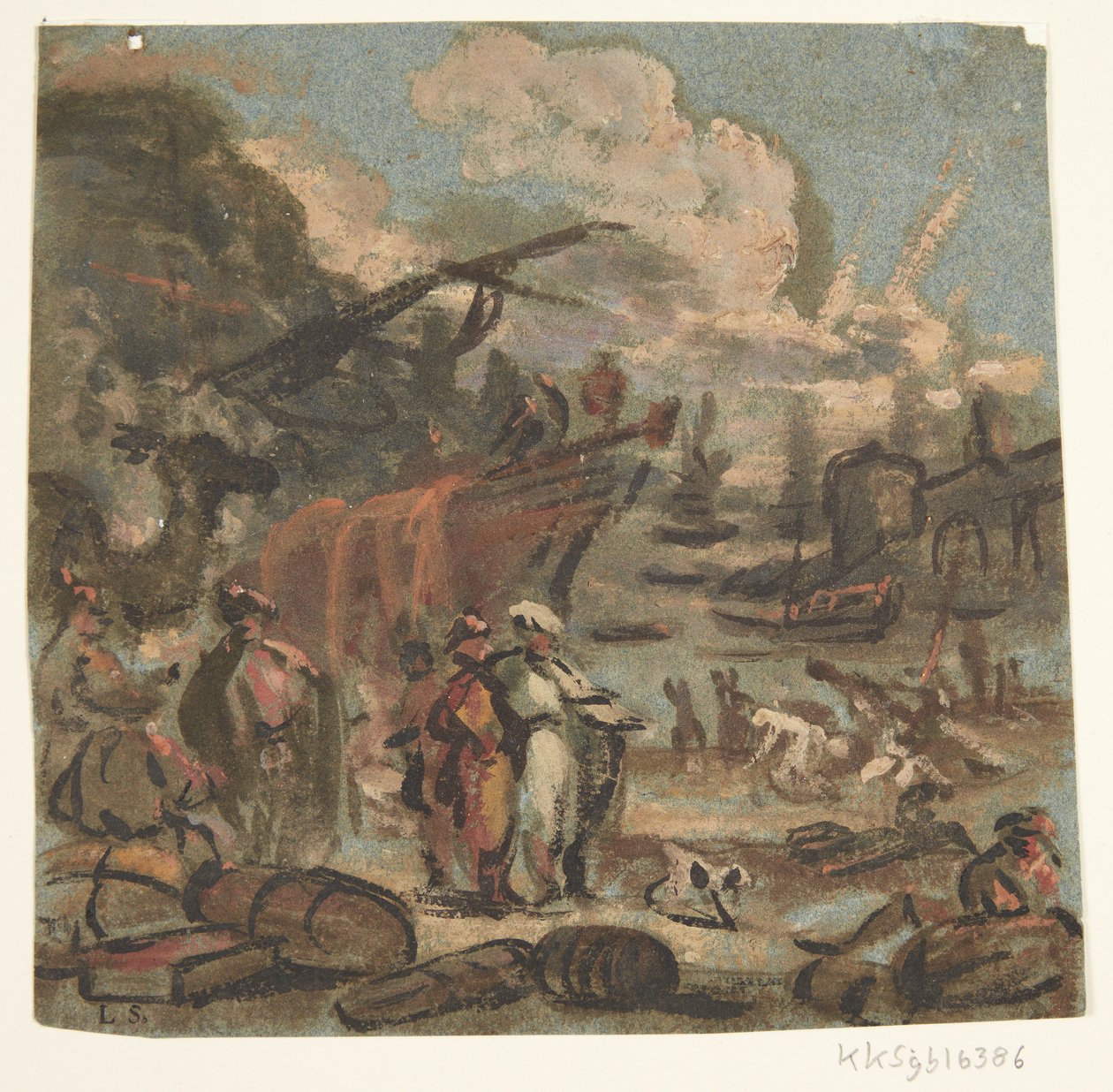 Escena de figuras en la costa con barcos y militares de Ubekendt