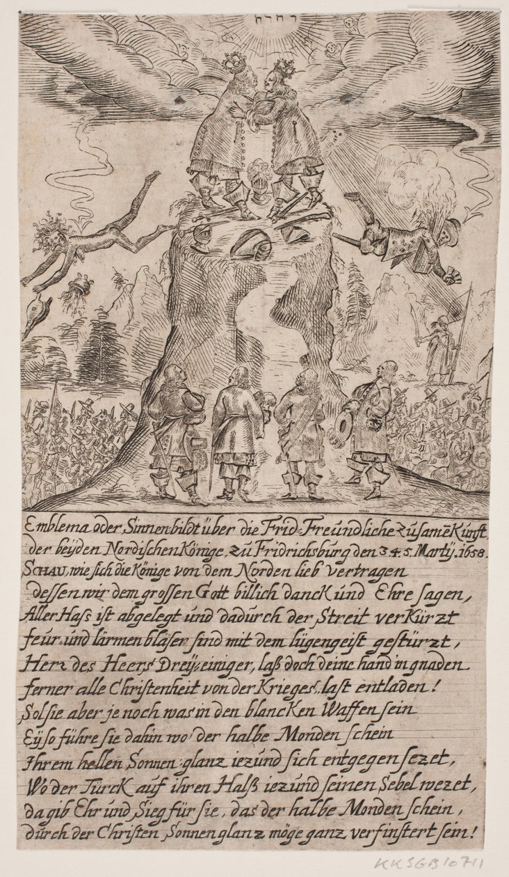 Federico III y Carlos Gustavo X se encuentran en Frederiksborg. Hoja satírica de Ubekendt
