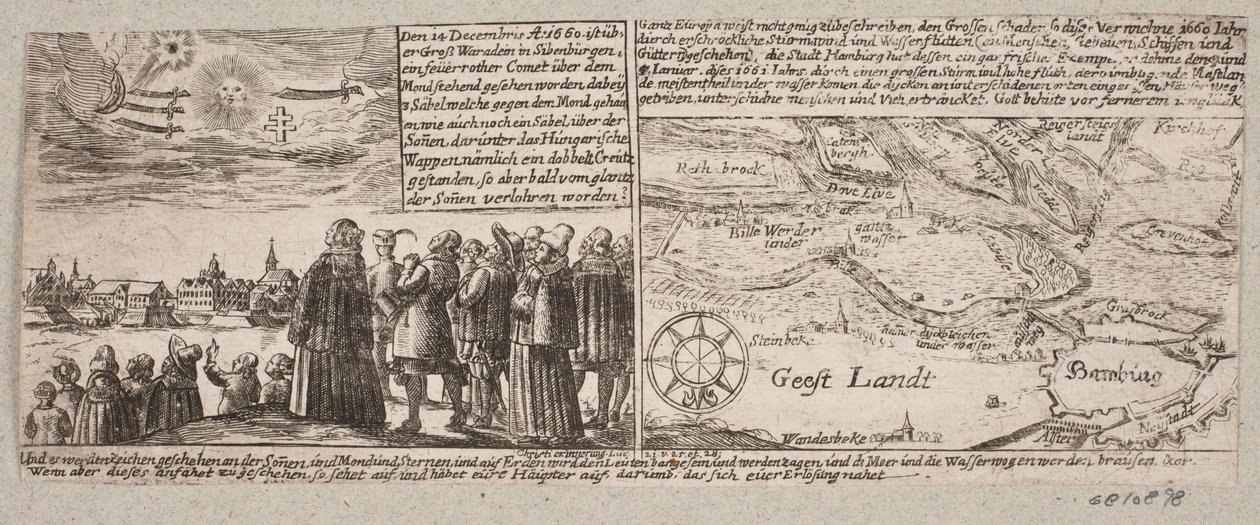Cometa visto en Grossvardein, Transilvania, 14 de diciembre de 1660, y mapa de Hamburgo durante la inundación del 4 de enero de 1661 de Ubekendt