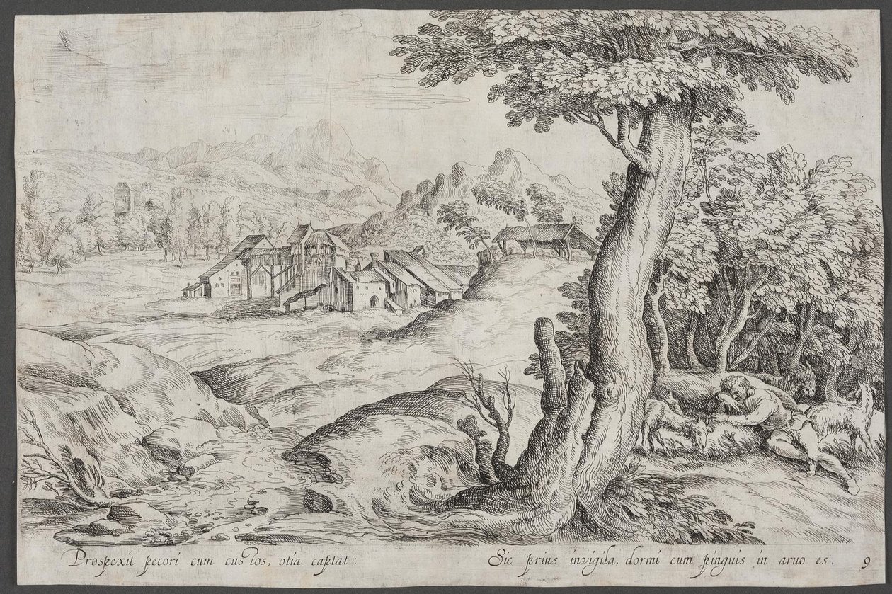 Paisaje con una ciudad y un pastor durmiendo de Ubekendt