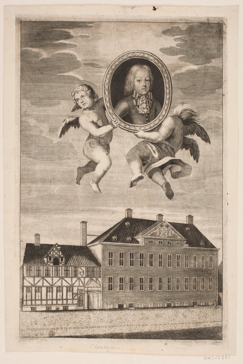 Medallón con retrato de un niño de la familia Plessen. Actualmente una casa de entramado de madera y un palacio de Ubekendt