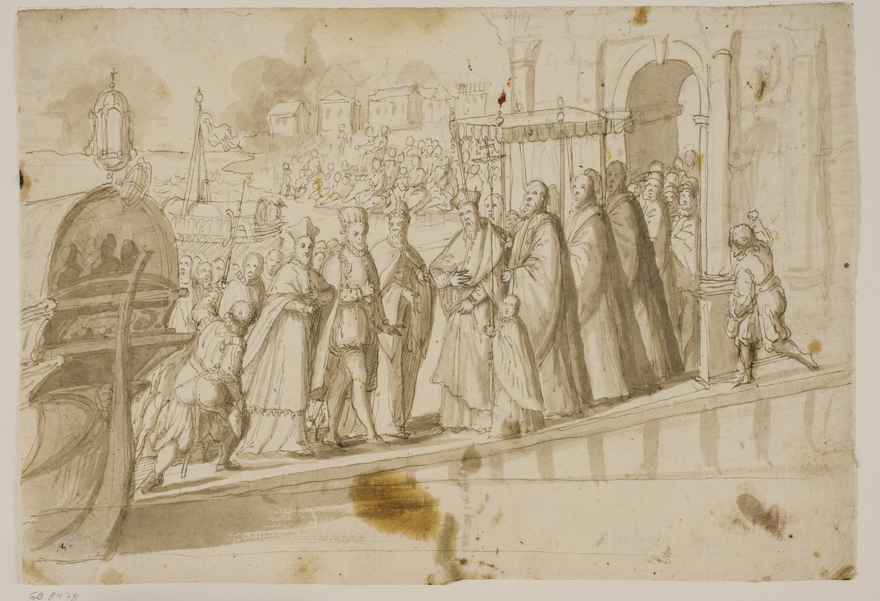 El rey Enrique III, el dux Alvise Mocenigo y el cardenal San Sisto recibidos por el patriarca veneciano Giovanni Trevisan en el Lido en Venecia de Ubekendt Ubekendt